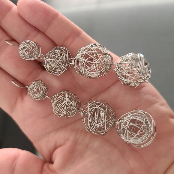 None Jewelry - Artisian Artsy BoHo Silver Wire Graduated Spheres Sculptural Hanging Earrings